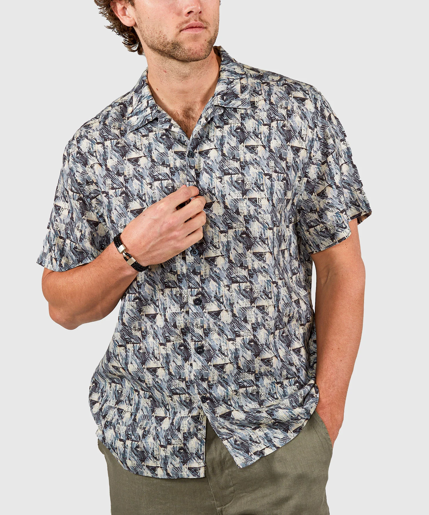 Westport Black Geo Print Short Sleeve Linen Camp Shirt - Image 2