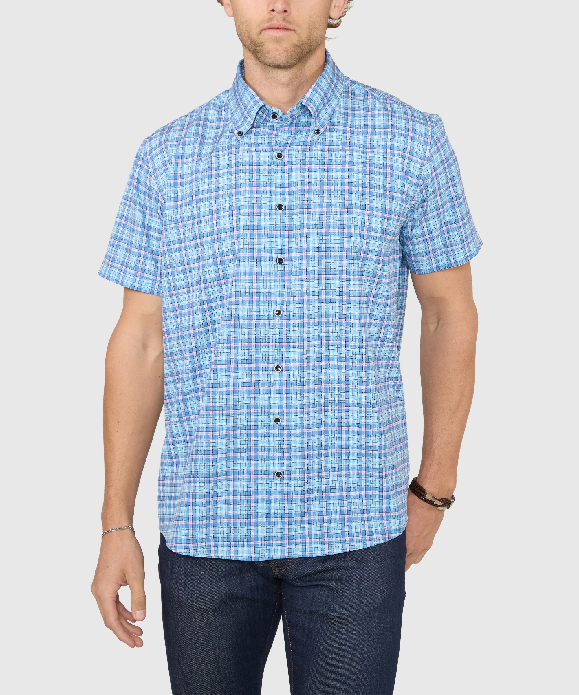 Westport No-Tuck Short Sleeve Button-Down Collar Stretch Performance Plaid Sport Shirt - Image 4